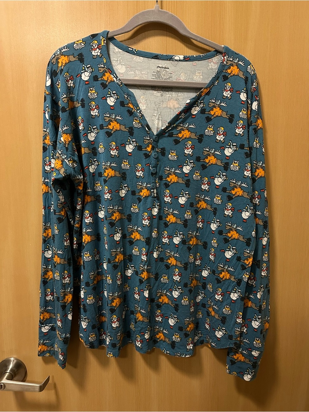 MeUndies Teal Long Sleeve Henley with Snowman and Moose Print